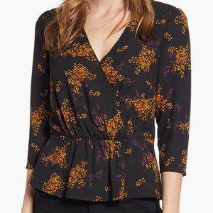 1. State Womens Top Peplum Blouse Black Floral 3/4 Sleeves V-Neck Size Medium